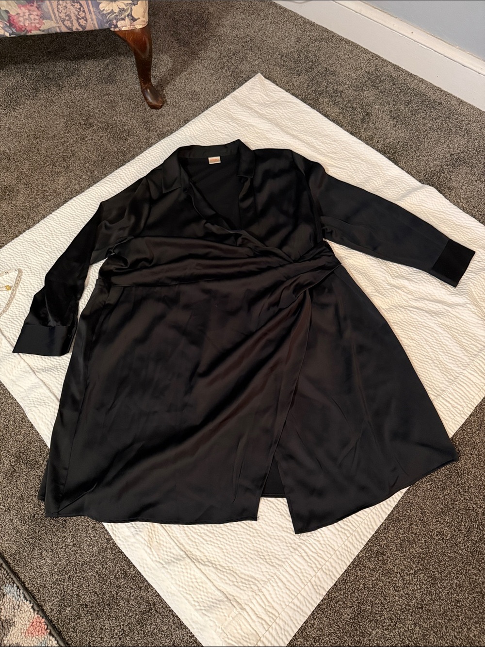 Black Long-Sleeve Satin Wrap Dress